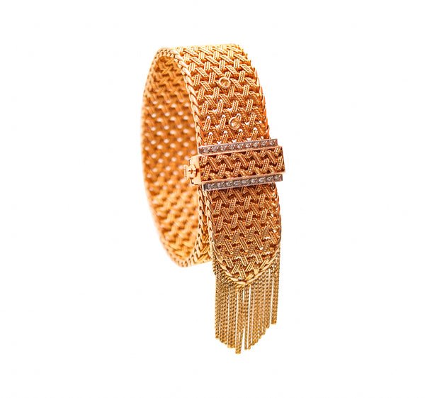 FRENCH 1950 Retro Modernist Buckle Bracelet In 18Kt Gold With Diamonds