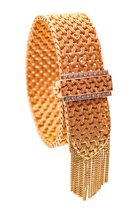 FRENCH 1950 Retro Modernist Buckle Bracelet In 18Kt Gold With Diamonds