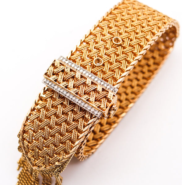 FRENCH 1950 Retro Modernist Buckle Bracelet In 18Kt Gold With Diamonds