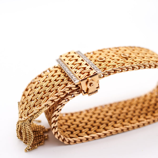 FRENCH 1950 Retro Modernist Buckle Bracelet In 18Kt Gold With Diamonds