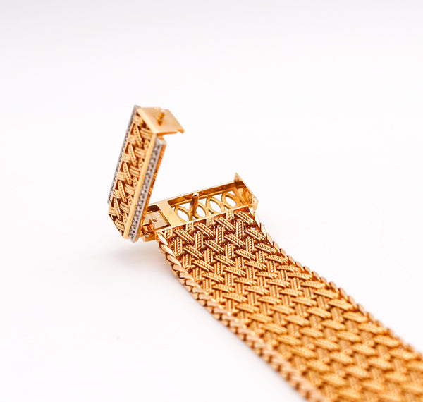 FRENCH 1950 Retro Modernist Buckle Bracelet In 18Kt Gold With Diamonds