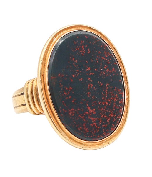 JONES & WOODLAND CO. 1930 Art Deco Signet Ring In 14Kt Yellow Gold & Bloodstone