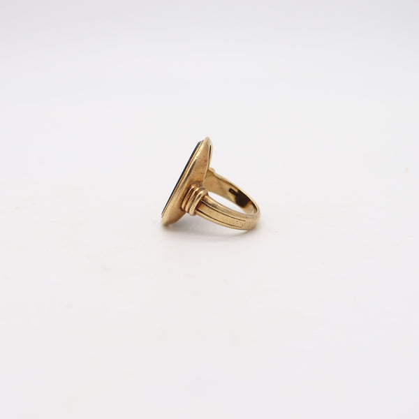 JONES & WOODLAND CO. 1930 Art Deco Signet Ring In 14Kt Yellow Gold & Bloodstone