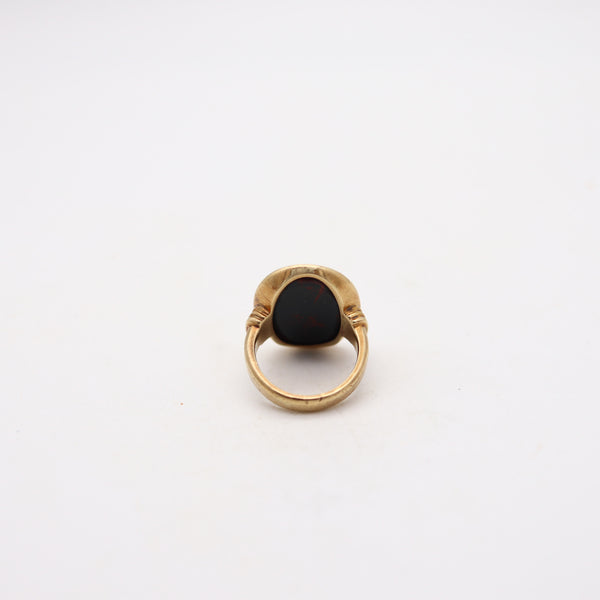 JONES & WOODLAND CO. 1930 Art Deco Signet Ring In 14Kt Yellow Gold & Bloodstone