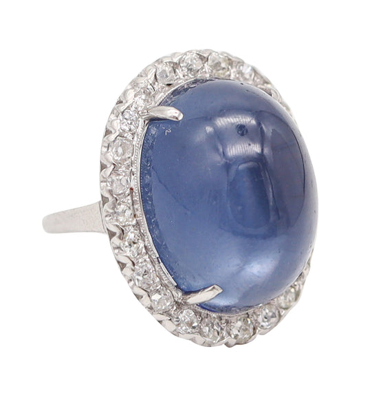 ART DECO 1930 Platinum Cocktail Ring With Star Blue Moonstone & Diamonds
