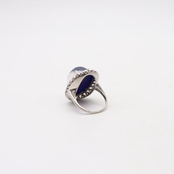 ART DECO 1930 Platinum Cocktail Ring With Star Blue Moonstone & Diamonds