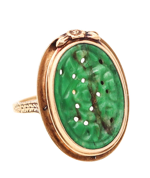 ART DECO 1925 Chinoiserie Oval Ring In 14Kt Yellow Gold With Carved Jade