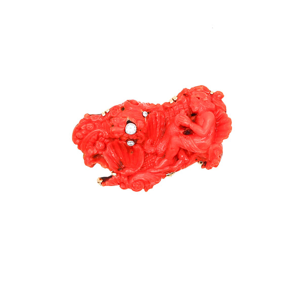 -Italian Antique 18th Century Mythological Carved Coral In 18Kt Gold With Diamonds