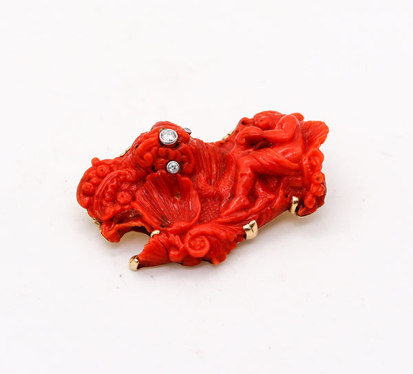 -Italian Antique 18th Century Mythological Carved Coral In 18Kt Gold With Diamonds