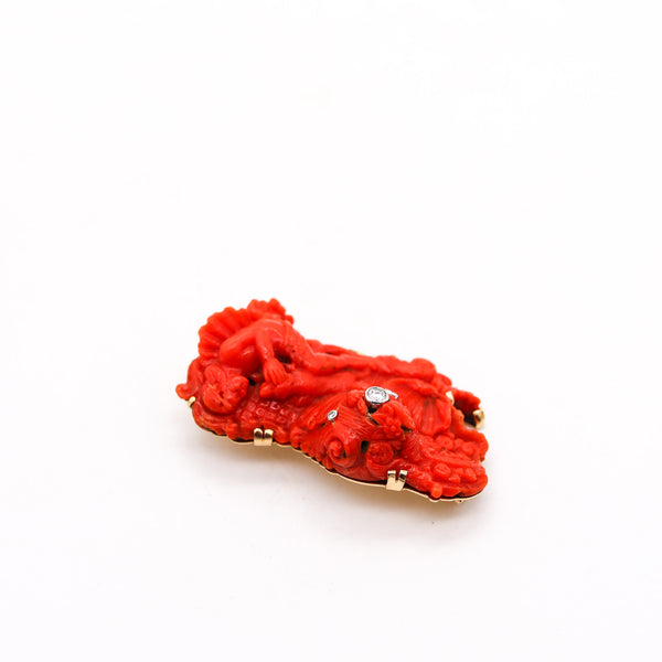 -Italian Antique 18th Century Mythological Carved Coral In 18Kt Gold With Diamonds