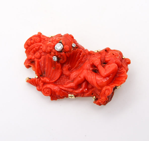 -Italian Antique 18th Century Mythological Carved Coral In 18Kt Gold With Diamonds