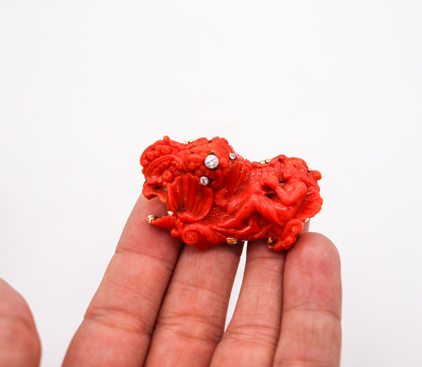 -Italian Antique 18th Century Mythological Carved Coral In 18Kt Gold With Diamonds