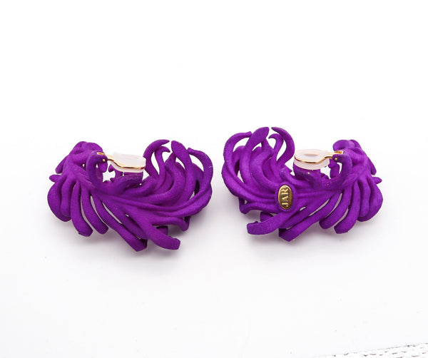 JAR PARIS Clips On Purple Feathers Earrings In 18Kt Gold and Resin