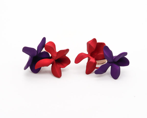 JAR PARIS Red & Purple Double Violets Clips Earrings In 18Kt Gold and Aluminum