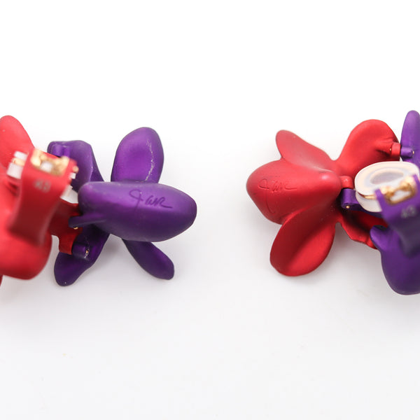 JAR PARIS Red & Purple Double Violets Clips Earrings In 18Kt Gold and Aluminum