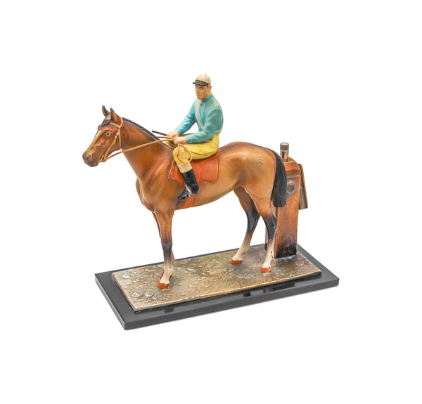 AUSTRIAN 1915 Sculptural Enameled Racehorse With Jockey Desk Striker