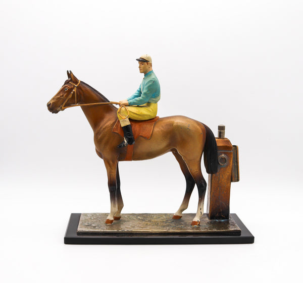 AUSTRIAN 1915 Sculptural Enameled Racehorse With Jockey Desk Striker