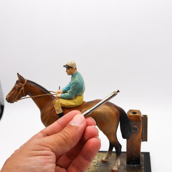 AUSTRIAN 1915 Sculptural Enameled Racehorse With Jockey Desk Striker