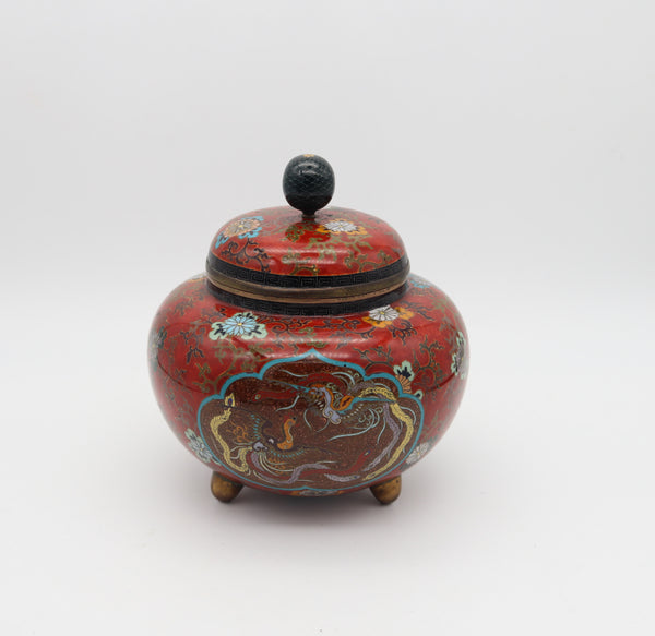 JAPAN IMPERIAL 1900 Meiji Period Tripode Koro Censer In Cloisonné Enamel With Lid