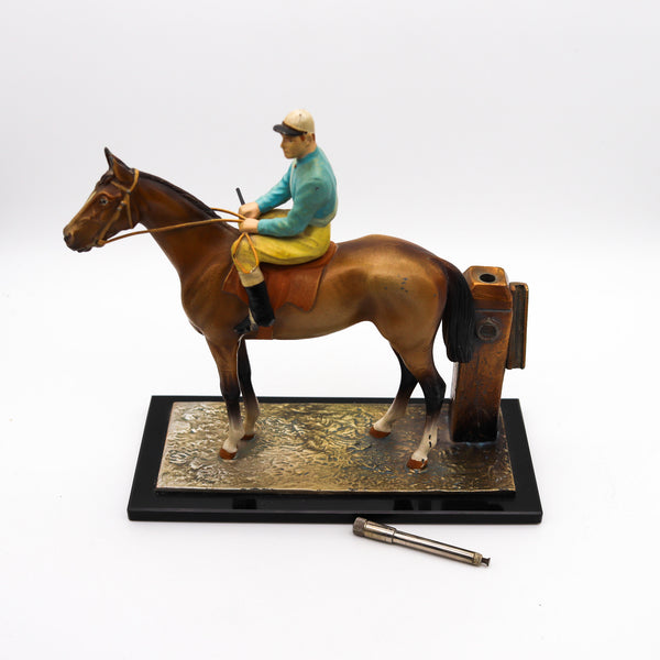 AUSTRIAN 1915 Sculptural Enameled Racehorse With Jockey Desk Striker