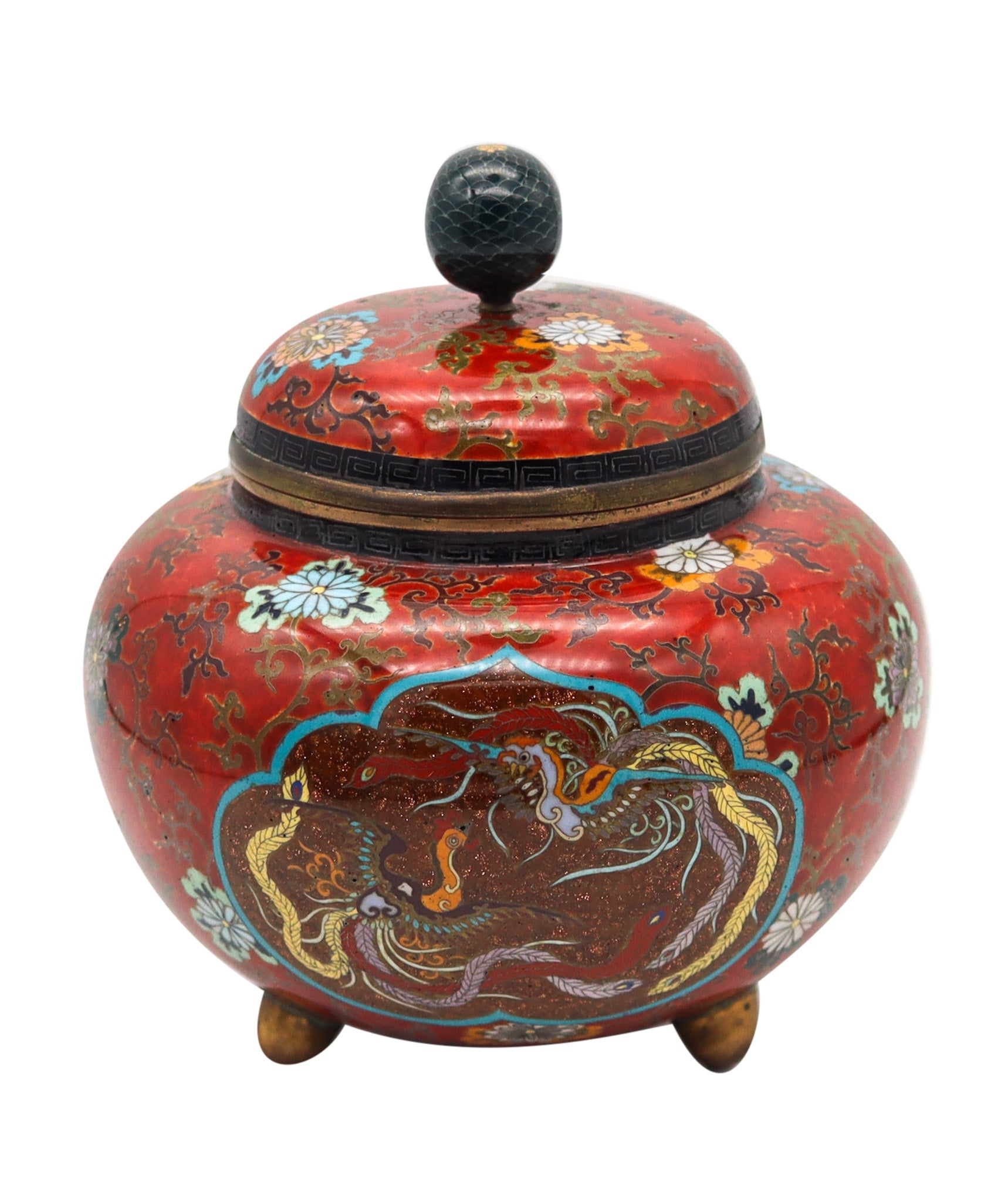 JAPAN IMPERIAL 1900 Meiji Period Tripode Koro Censer In Cloisonné Enamel With Lid