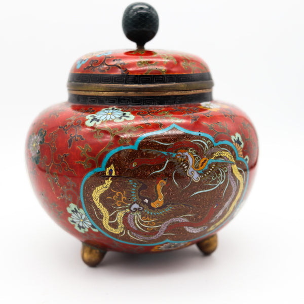 JAPAN IMPERIAL 1900 Meiji Period Tripode Koro Censer In Cloisonné Enamel With Lid
