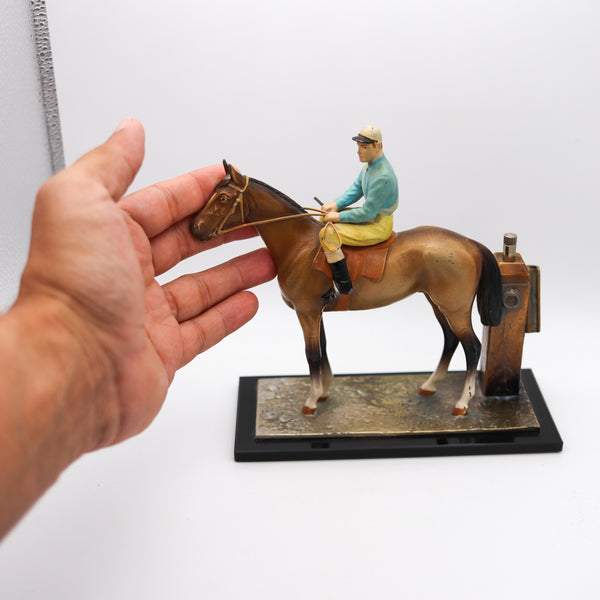 AUSTRIAN 1915 Sculptural Enameled Racehorse With Jockey Desk Striker