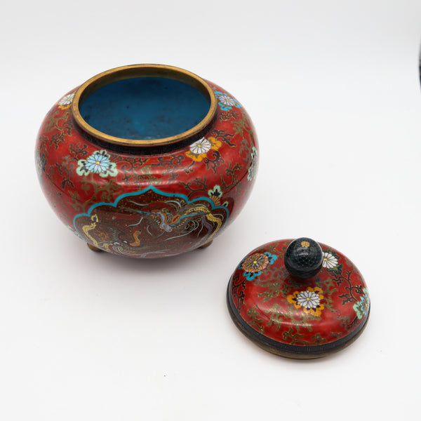 JAPAN IMPERIAL 1900 Meiji Period Tripode Koro Censer In Cloisonné Enamel With Lid