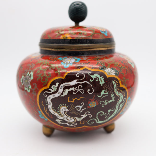 JAPAN IMPERIAL 1900 Meiji Period Tripode Koro Censer In Cloisonné Enamel With Lid