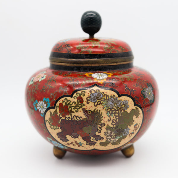 JAPAN IMPERIAL 1900 Meiji Period Tripode Koro Censer In Cloisonné Enamel With Lid