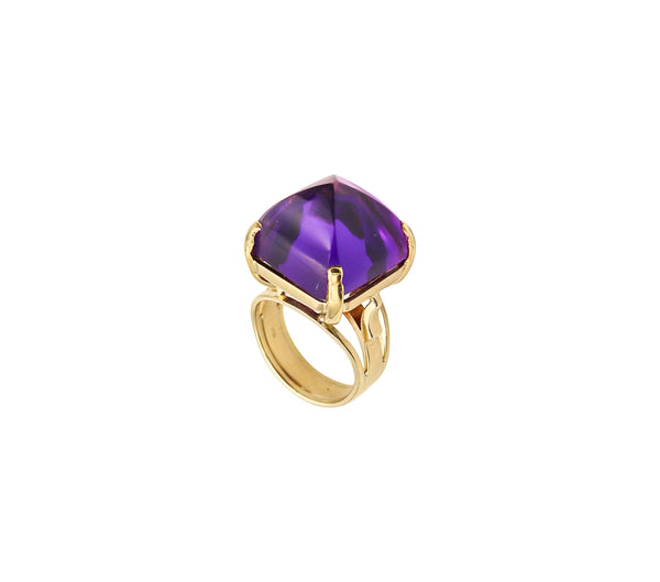 AUSTRIAN 1970 Modernist Geometric Ring In 14Kt Gold With Purple Amethyst