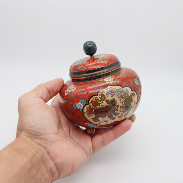 JAPAN IMPERIAL 1900 Meiji Period Tripode Koro Censer In Cloisonné Enamel With Lid