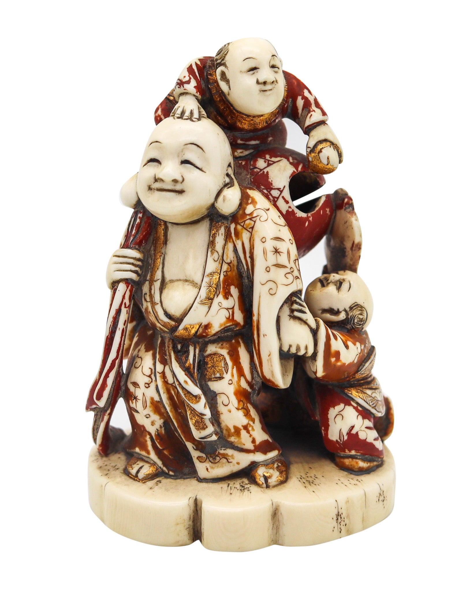 JAPAN 1900 Meiji Signed Okimono Sculpture of Fukurokuju In Polychrome & Gilt