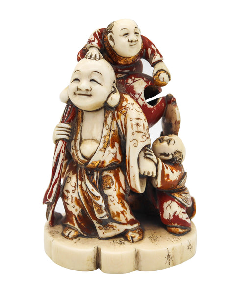 JAPAN 1900 Meiji Signed Okimono Sculpture of Fukurokuju In Polychrome & Gilt