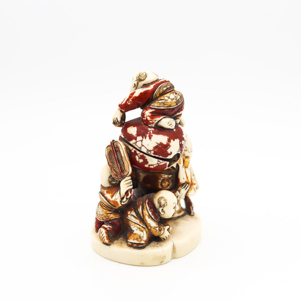 JAPAN 1900 Meiji Signed Okimono Sculpture of Fukurokuju In Polychrome & Gilt