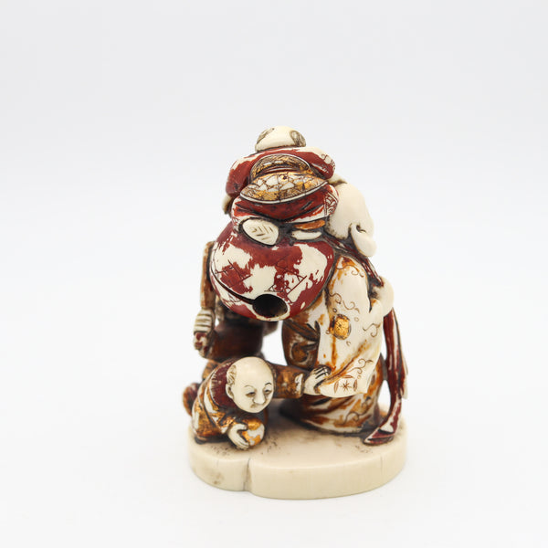 JAPAN 1900 Meiji Signed Okimono Sculpture of Fukurokuju In Polychrome & Gilt