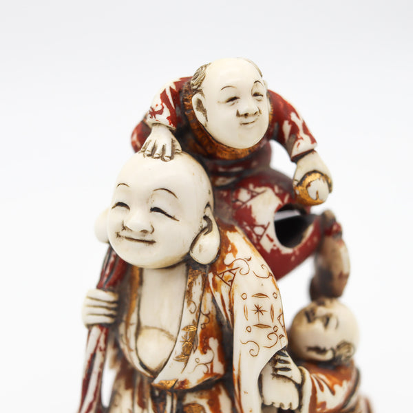 JAPAN 1900 Meiji Signed Okimono Sculpture of Fukurokuju In Polychrome & Gilt