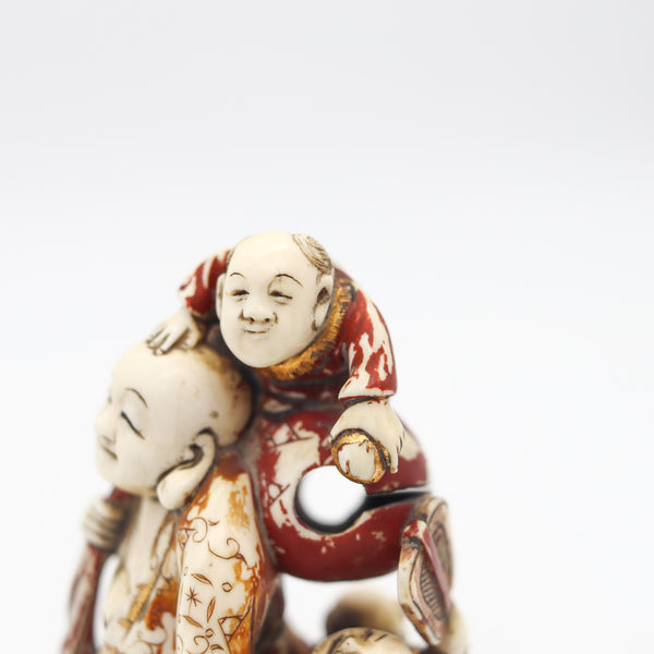 JAPAN 1900 Meiji Signed Okimono Sculpture of Fukurokuju In Polychrome & Gilt