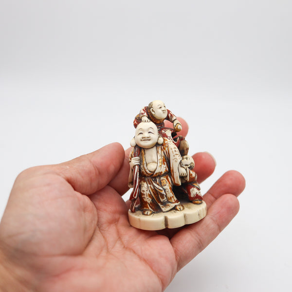 JAPAN 1900 Meiji Signed Okimono Sculpture of Fukurokuju In Polychrome & Gilt
