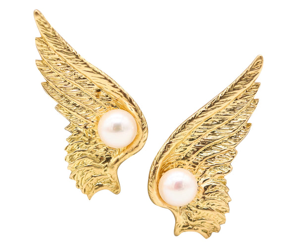 VERDURA PARIS 1950 Clips On Mercury Wings Earrings In 18Kt Gold & White Pearls
