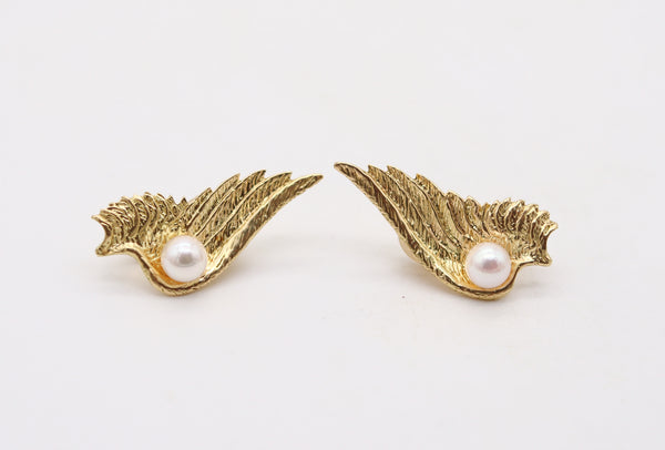 VERDURA PARIS 1950 Clips On Mercury Wings Earrings In 18Kt Gold & White Pearls