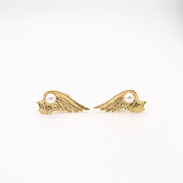 VERDURA PARIS 1950 Clips On Mercury Wings Earrings In 18Kt Gold & White Pearls