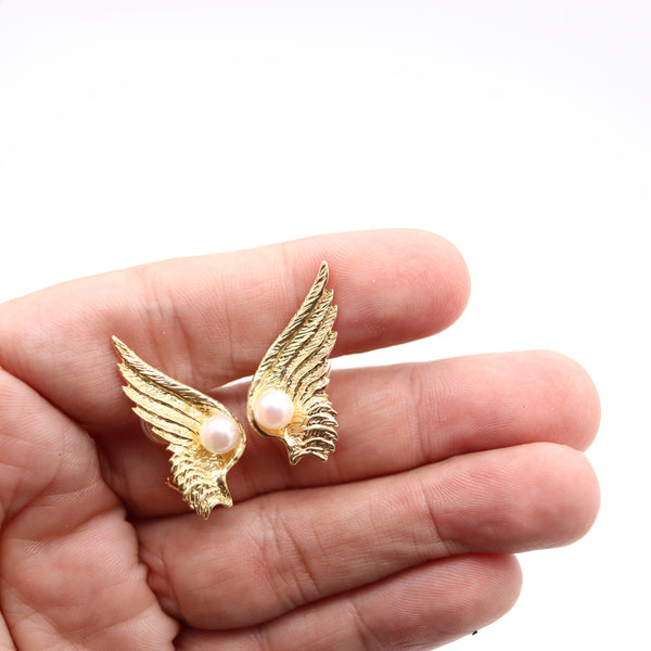 VERDURA PARIS 1950 Clips On Mercury Wings Earrings In 18Kt Gold & White Pearls
