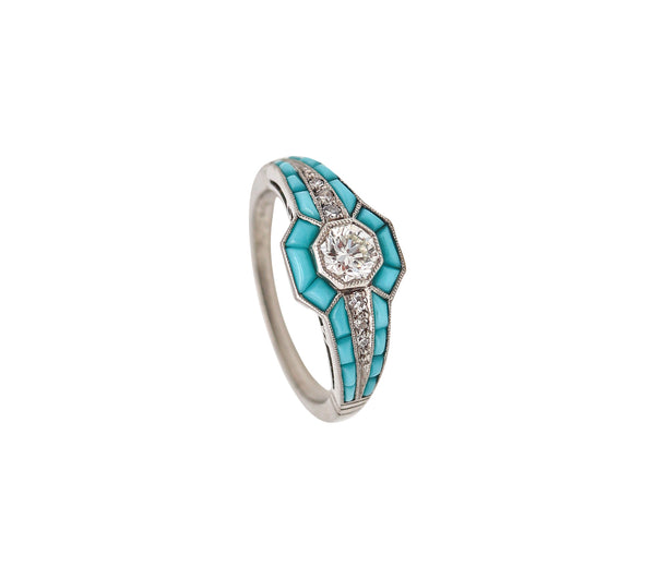 ART DECO 1925 Ring In Platinum With Diamonds And Graduated Turquoises