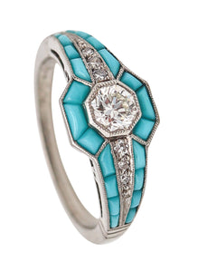 ART DECO 1925 Ring In Platinum With Diamonds And Graduated Turquoises