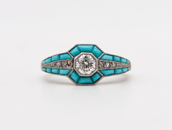 ART DECO 1925 Ring In Platinum With Diamonds And Graduated Turquoises