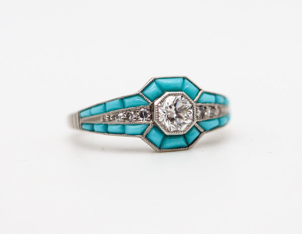 ART DECO 1925 Ring In Platinum With Diamonds And Graduated Turquoises