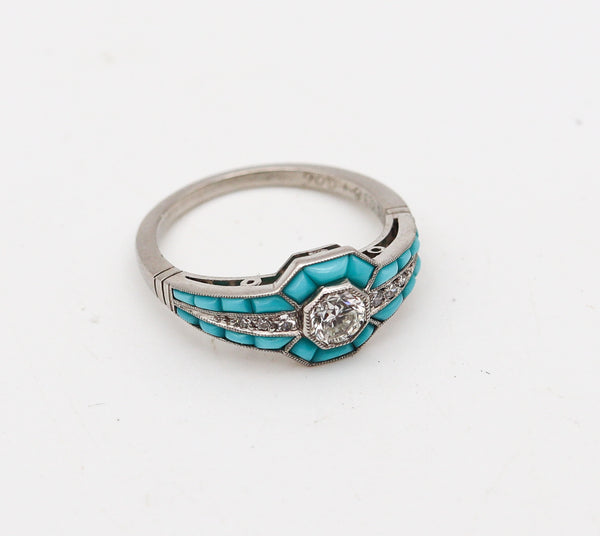 ART DECO 1925 Ring In Platinum With Diamonds And Graduated Turquoises