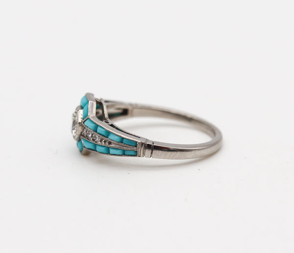 ART DECO 1925 Ring In Platinum With Diamonds And Graduated Turquoises