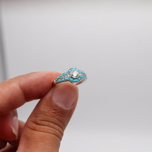 ART DECO 1925 Ring In Platinum With Diamonds And Graduated Turquoises